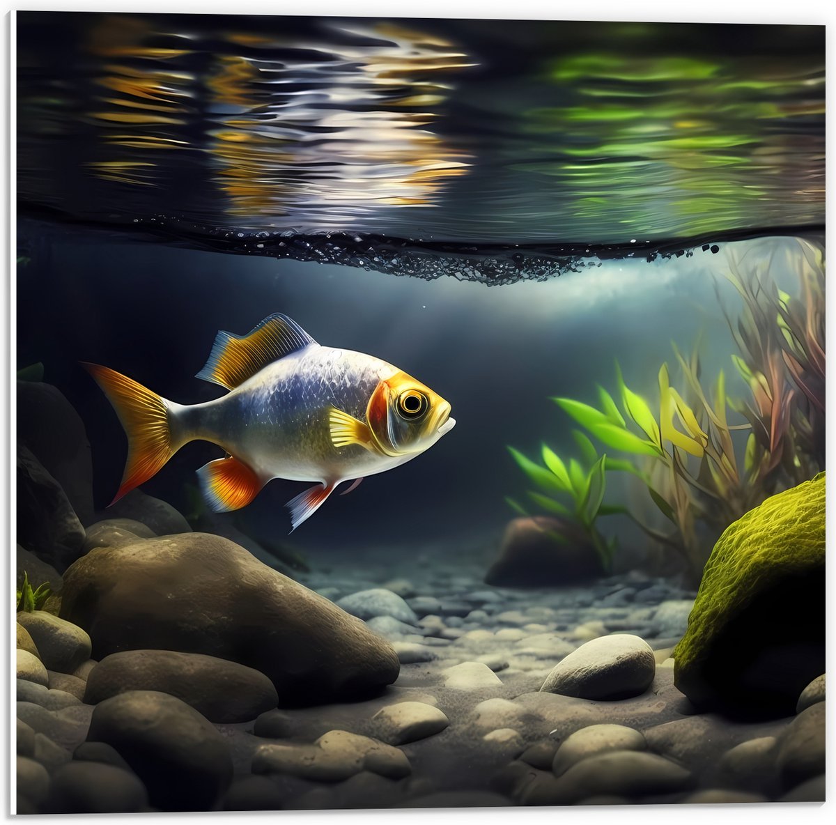 PVC Schuimplaat- Zilver met Oranjekleurige Vis Zwemmend in Aquarium - 50x50 cm Foto op PVC Schuimplaat