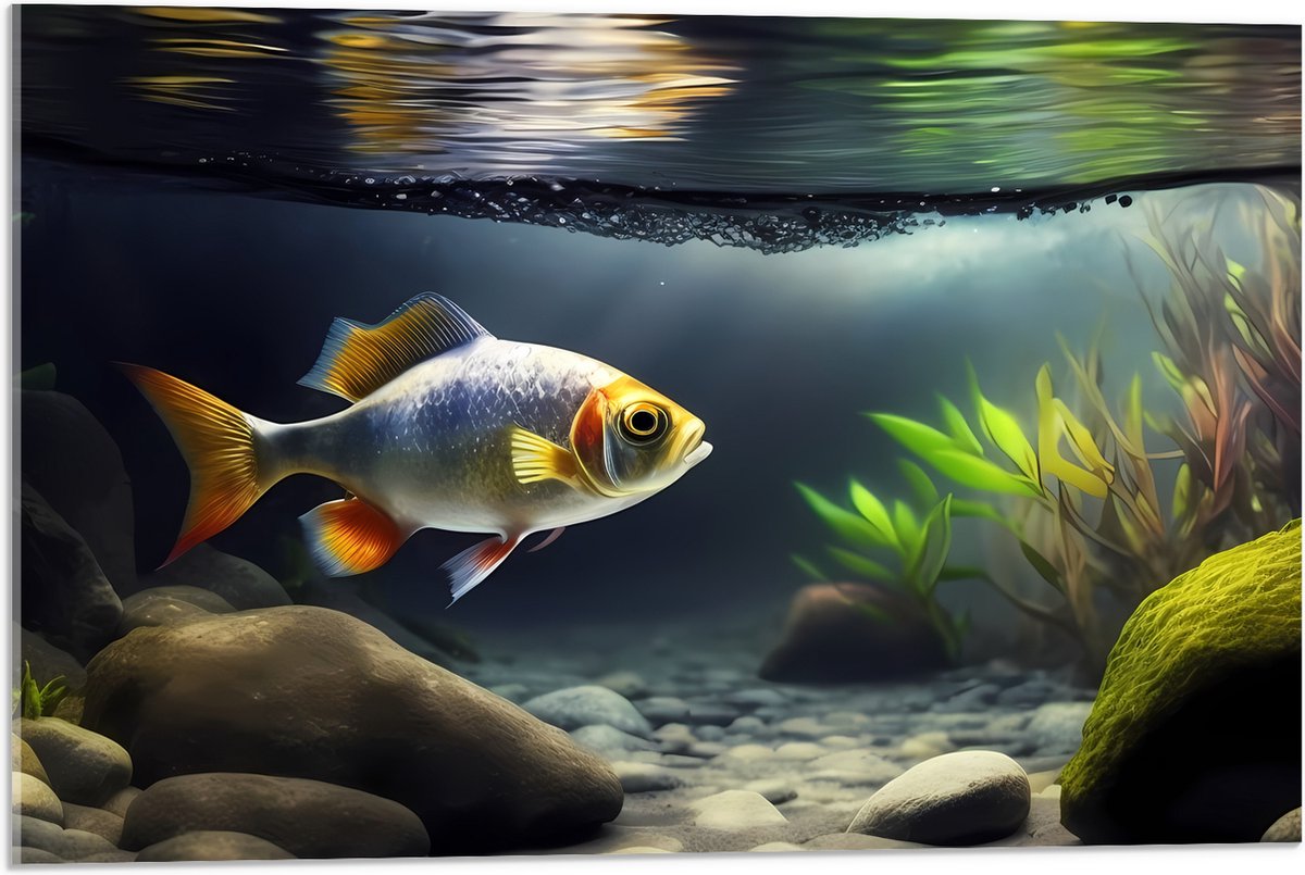 Acrylglas - Zilver met Oranjekleurige Vis Zwemmend in Aquarium - 75x50 cm Foto op Acrylglas (Met Ophangsysteem)