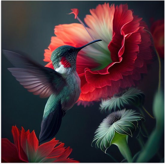 Poster (Mat) - Close-up van Kolibrie Vliegend bij Rode Bloeiende Bloemen - 100x100 cm Foto op Posterpapier met een Matte look