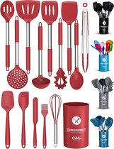 Siliconen keukenhulpset, 14-delige keukenhulp, siliconen met houder, veilige voedselveilige koppen en roestvrijstalen handgrepen met hittebestendige handgrepen, kooklepel set, rood