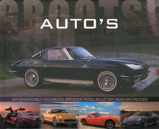 Boek 'Grootse Auto's' met een zwarte sportwagen op de voorpagina en vier kleinere auto's op de onderkant.
