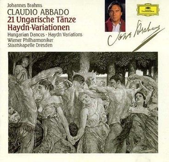 Albumhoes met schilderij van dansende mensen. Tekst: Johannes Brahms, Claudio Abbado, 21 Ungarische Tänze, Haydn-Variationen.