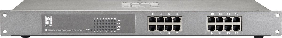 LevelOne FEP-1612W380 16-Port Fast Ethernet PoE+ Switch [16x FE PoE Outputs, 380W, 4k MAC, 3.2 GBps]