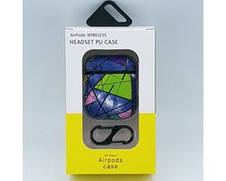 Mozaiek Kunstlederen Case Cover Hoesje Geschikt voor Apple Airpods - blauw/groen - met karabijn