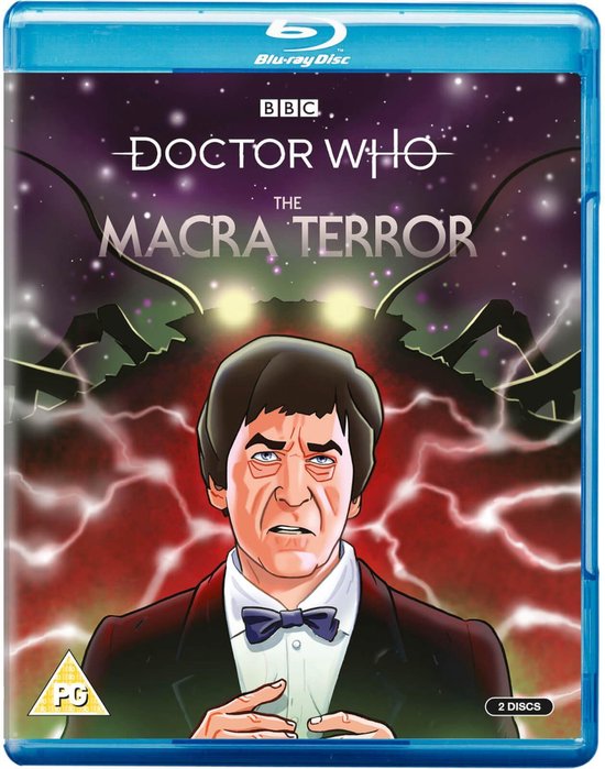 Blu-ray hoes Doctor Who: The Macra Terror met getekende Doctor en gloeiende wezens op de achtergrond.