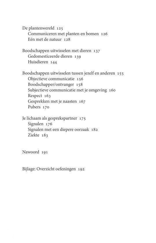 Tekstpagina uit een boek met een inhoudsopgave, waaronder hoofdstukken over de natuur, dieren en communicatie.