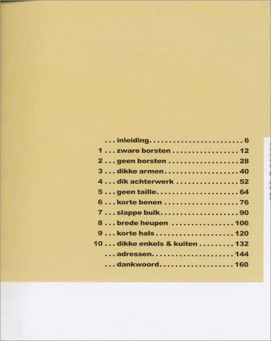 Inhoudsopgave van het boek "Wat moet ik aan?", met hoofdstuktitels zoals 'zware borsten' en 'slappe buik'.