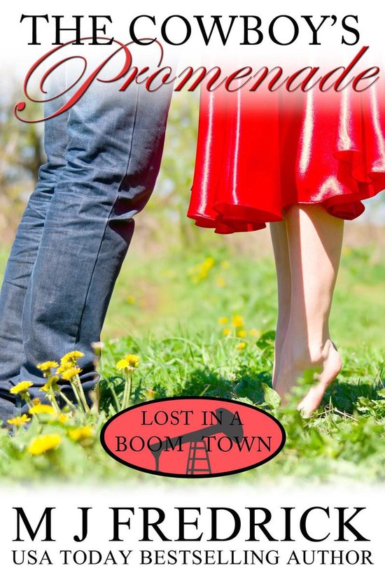 De kaft van het boek 'The Cowboy's Promenade' toont een man in spijkerbroek en een vrouw in een rode jurk, staand in gras.