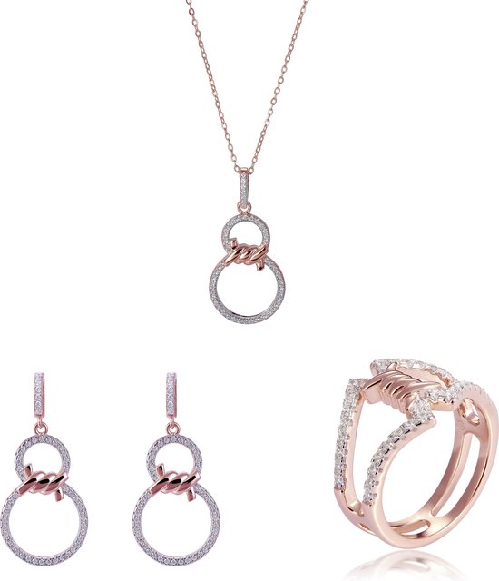 Orphelia SET-7422/58 - Juwelenset: Ketting + Oorbellen + Ring - 925 Zilver Rosé - Zirkonia - 42 cm / Ringmaat 58