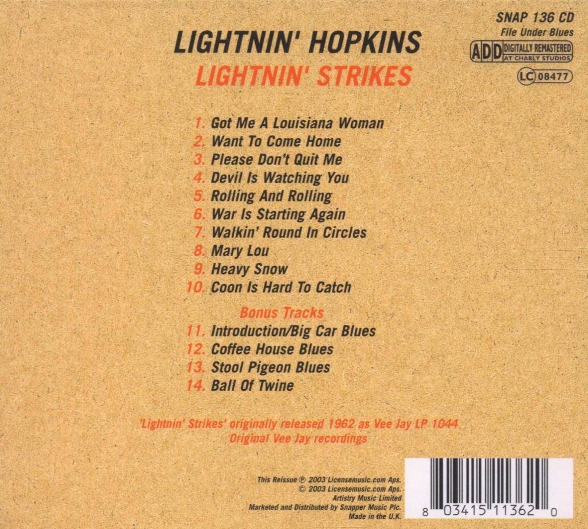 Lightnin' Strikes, Lightnin' Hopkins CD (album) Muziek