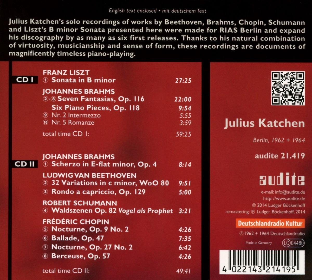 Katchen Cd Julius Katchen - Julius Katchen Plays Liszt, Brahms, Beethoven, Sch (2 ...