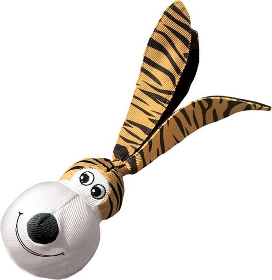 Dienbladvormig hondenspeelgoed met een rond hoofd, zwart met tijgerstrepen en oren, met grote ogen en lachende mond.