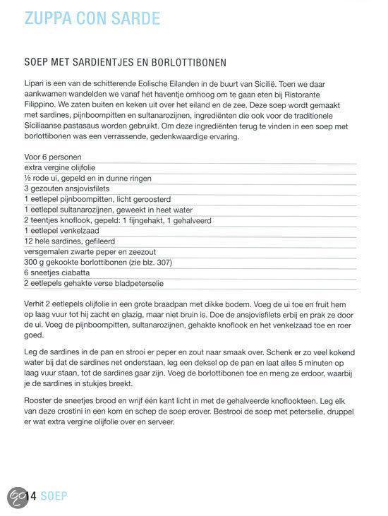 Receptpagina voor 'Zuppa con sarde', met ingrediënten en bereidingswijze.