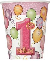 Bekers 1e verjaardag roze ballonen