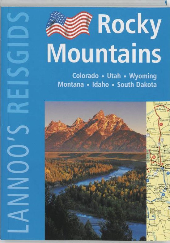Reisgids Rocky Mountains met Amerikaanse vlag en bergenlandschap.