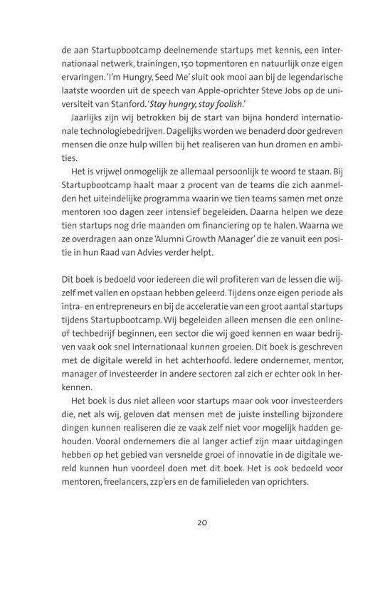 Pagina met tekst over startupbootcamps, ondernemers en de inhoud van het boek.