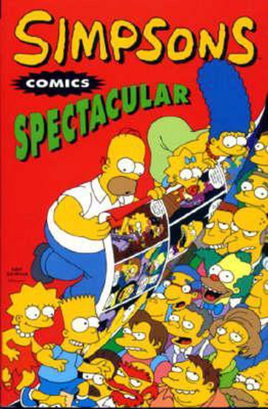 Simpsons Comics Spectacular: Homer, Marge, Bart en Lisa lezen een stripboek met een rode achtergrond.