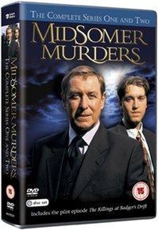 DVD-hoes van Midsomer Murders met twee mannen op de voorkant. De titel "MIDSOMER MURDERS" is duidelijk zichtbaar.