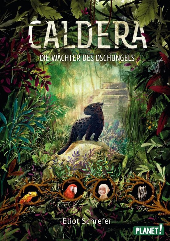 Boekomslag van Caldera: Die Wächter des Dschungels met een jaguar op een steen in een weelderige jungle, omringd door dieren en planten. Titel bovenaan.