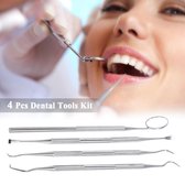 4-delige tandverzorging tandarts set - RVS - Spiegeltje, Tandplakverwijderaar, Schraper en metalen tandenstoker - Perfecte tanden