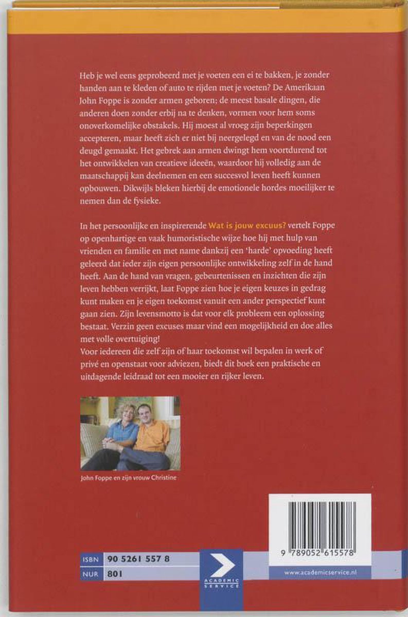 Achterkant boek met tekst en een foto van John Fopper en zijn vrouw Christine.