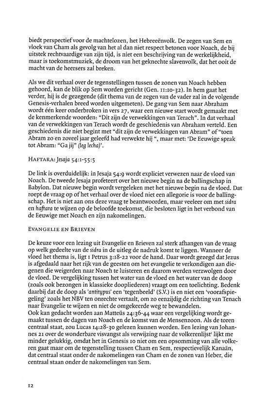 Boekpagina met tekst over de ark van Noach, de zondvloed en verschillende interpretaties van Bijbelteksten.
