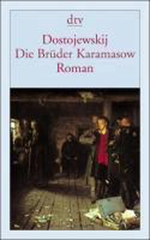De Brødre Karamazov roman door Dostojevski, met een illustratie van een groep mensen in een donkere, rokerige kamer.