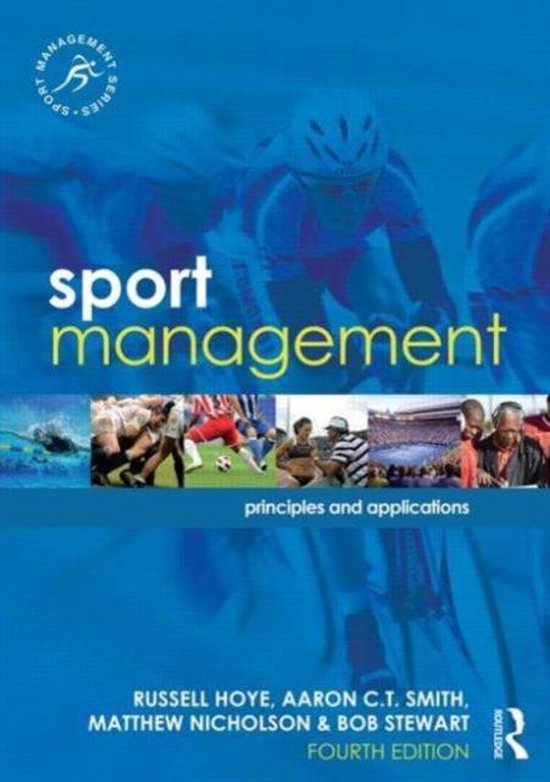 Boek 'Sport management, principes en toepassingen'. De kaft is blauw met een gestileerde wielrenner. Meerdere sportafbeeldingen onderaan.