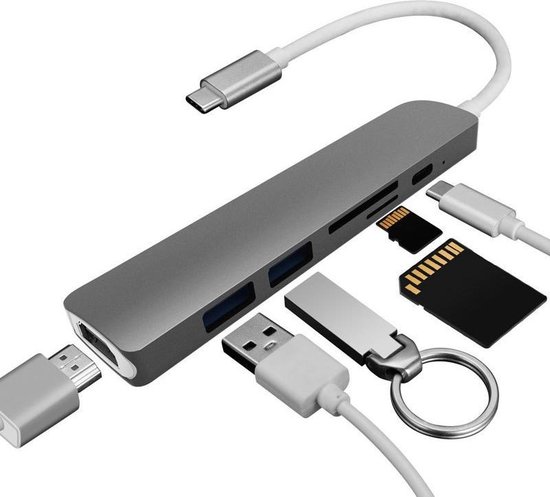 6 in 1 - Aluminium Thunderbolt 3 - USB-C Adapter Hub - 4K HDMI - Thunderbolt 3 - Type C Hub SD/Micro SD - Lezer Type C Poort Voor o.a. Apple Macbook / Macbook Pro 2016 / 2017 / 2018 - Space Grey