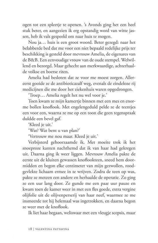 Tekstpagina met Nederlandstalige tekst over een boek, met 'VALENTINA PATTAVINA' onderaan.