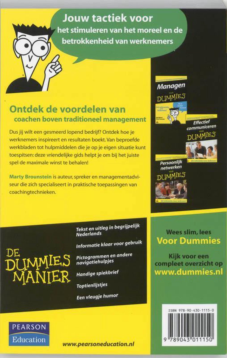 Boekomslag met gestileerde cartoon van een man met een vragende uitdrukking, die wijst naar de titel 'Ontdek de voordelen van coachen boven traditioneel management'. De achtergrond is geel en zwart.
