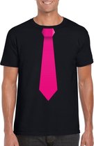 Zwart t-shirt met roze stropdas heren M