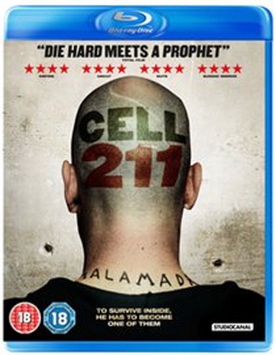 Blu-ray hoes met de achterkant van een hoofd met "CELL 211" op de geschoren hoofdhuid. "DIE HARD MEETS A PROPHET".