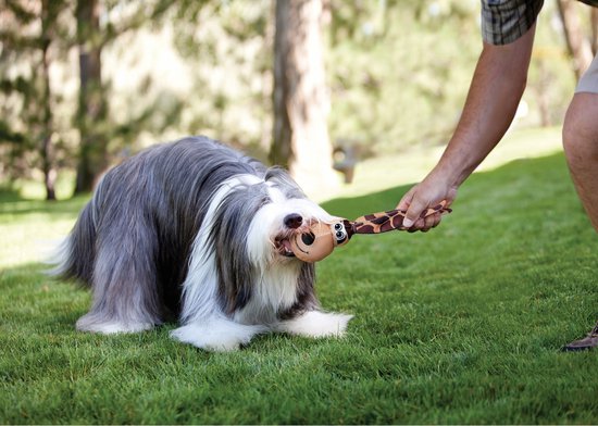 Grote Bearded Collie speelt met een hondenspeeltje met giraffeprint in een grasrijke tuin, terwijl een man het speeltje vasthoudt.