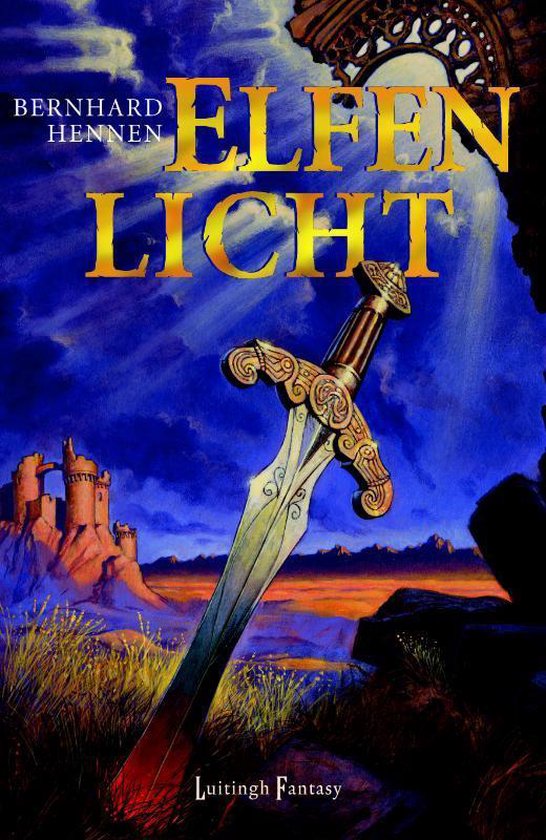 Boekomslag van 'Elfenlicht' met een zwaard, kasteel en lucht.