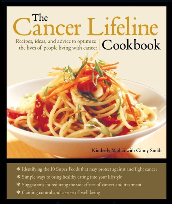 De 'Cancer Lifeline Cookbook' met een afbeelding van een kom met noedels en groenten.