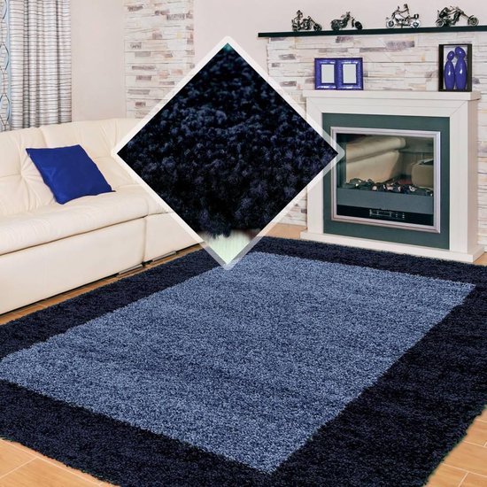 Flycarpets Candy Shaggy Vloerkleed - 240x340cm - Marineblauw Lijstmotief - Hoogpolig