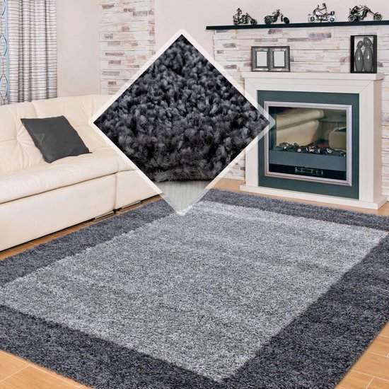 Flycarpets Candy Shaggy Vloerkleed - 120x170cm - Grijs Lijstmotief - Hoogpolig