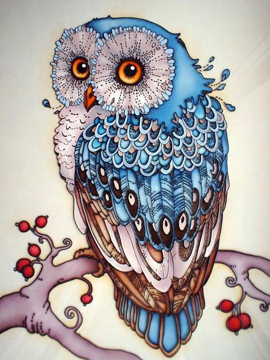 Diamond Painting Pakket - Blauwe Uil - Uil - Blauw - Gekleurd - Dier - Hobby - Diamant Schilderen - Volledig - Full - Vierkante Steentjes - Pixelpakket - Pixelen - 40x30cm