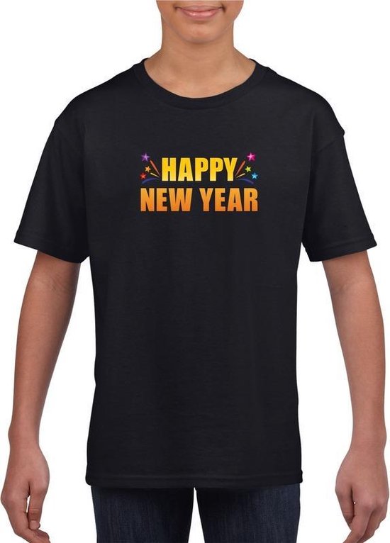 Oud en nieuw shirt Happy new year zwart heren - Nieuwjaars kleding 158/164