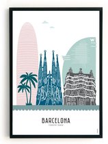 Skyline Poster Barcelona Kleur in Kunststof Fotolijst