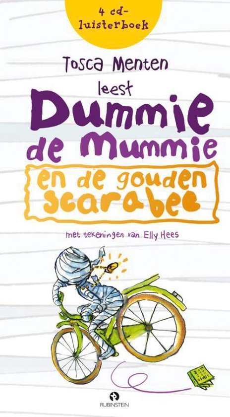 Boekomslag: Dummie de mummie op een fiets met een gouden scarabee. Titel: Dummie de mummie en de gouden scarabee.