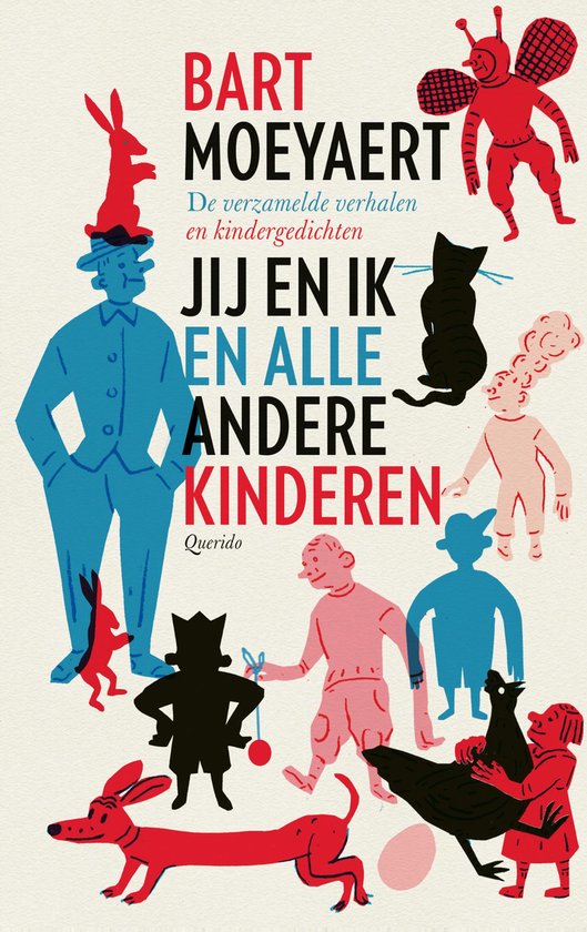 Boekomslag met de titel 'JIJ EN IK EN ALLE ANDERE KINDEREN' en illustraties van mensen, dieren en konijnen.