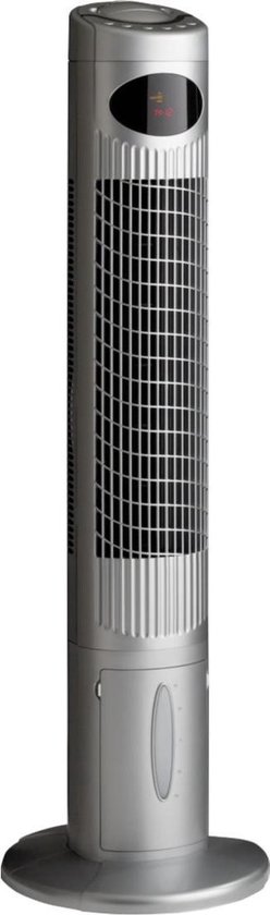 Zilveren Casafan Airos Cool torenventilator van 114 cm hoog met een ovale display en een watertank onderaan.