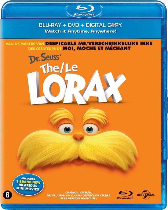 De Blu-ray hoes van Dr. Seuss The Lorax toont een oranje achtergrond met het gezicht van de Lorax en de titel.