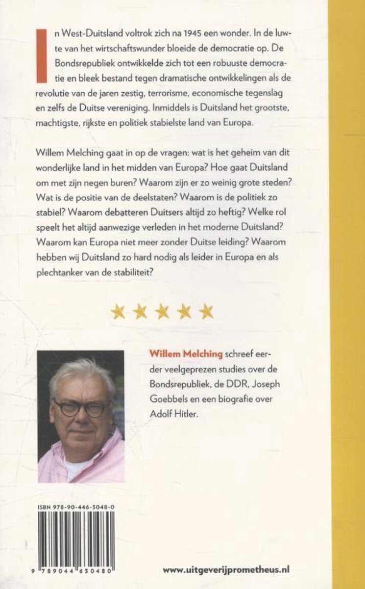 Achterkant boek 'Waarom Duitsland?' met foto van Willem Melching en beschrijving van het boek.