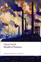 Livre 'Wealth of Nations' par Adam Smith, avec une peinture d'un paysage industriel avec des cheminées fumantes.