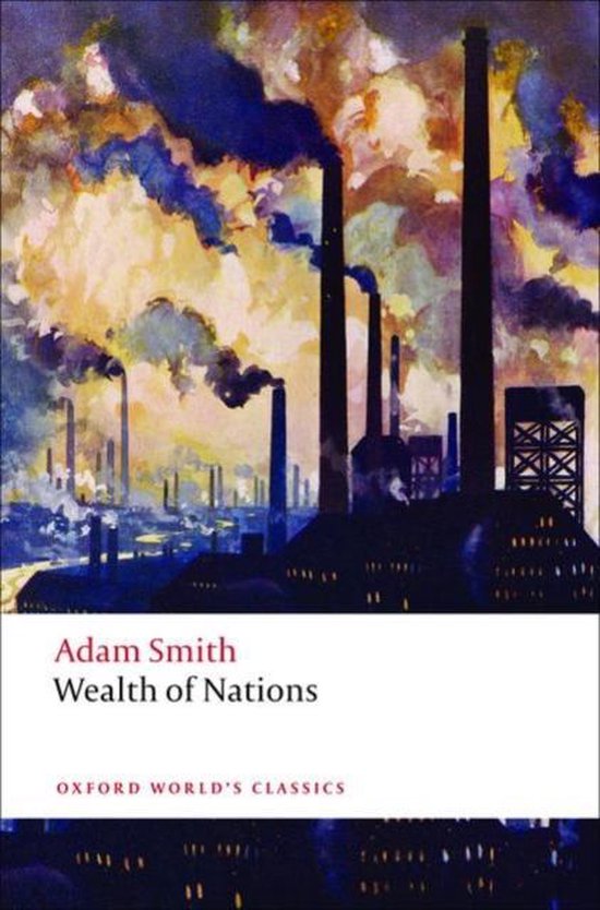 Boek 'Wealth of Nations' van Adam Smith, met een schilderij van een industrieel landschap met rokende schoorstenen.