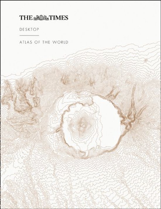 De kaft van The Times Desktop Atlas of the World toont een gedetailleerde topografische kaart in bruine tinten met landschapscontouren van een bergachtige regio met een krater in het midden.