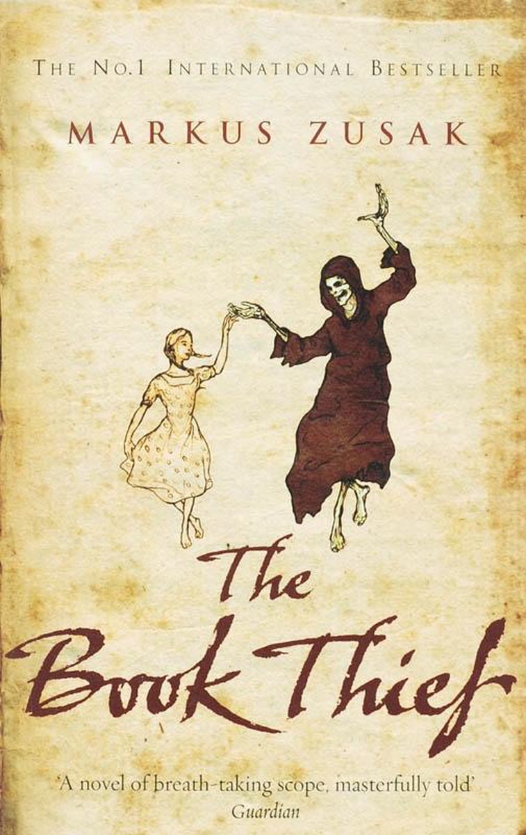De voorkant van het boek 'The Book Thief' met een illustratie van een meisje dat danst met de Dood.